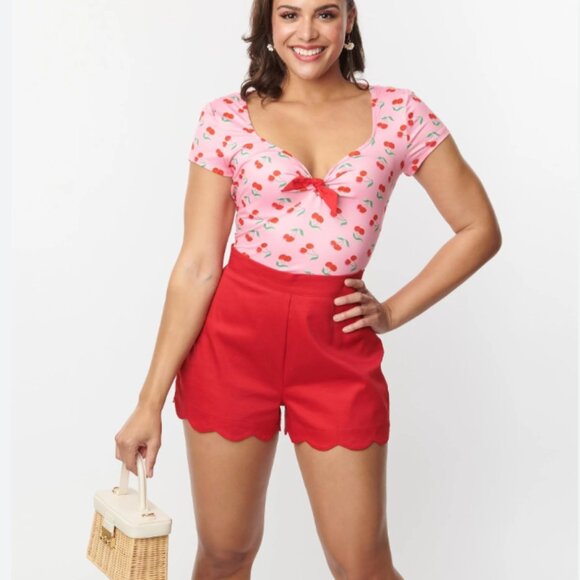 Pins and Needles red stretch denim scalloped shorts 🐱 - Picture 8 of 8